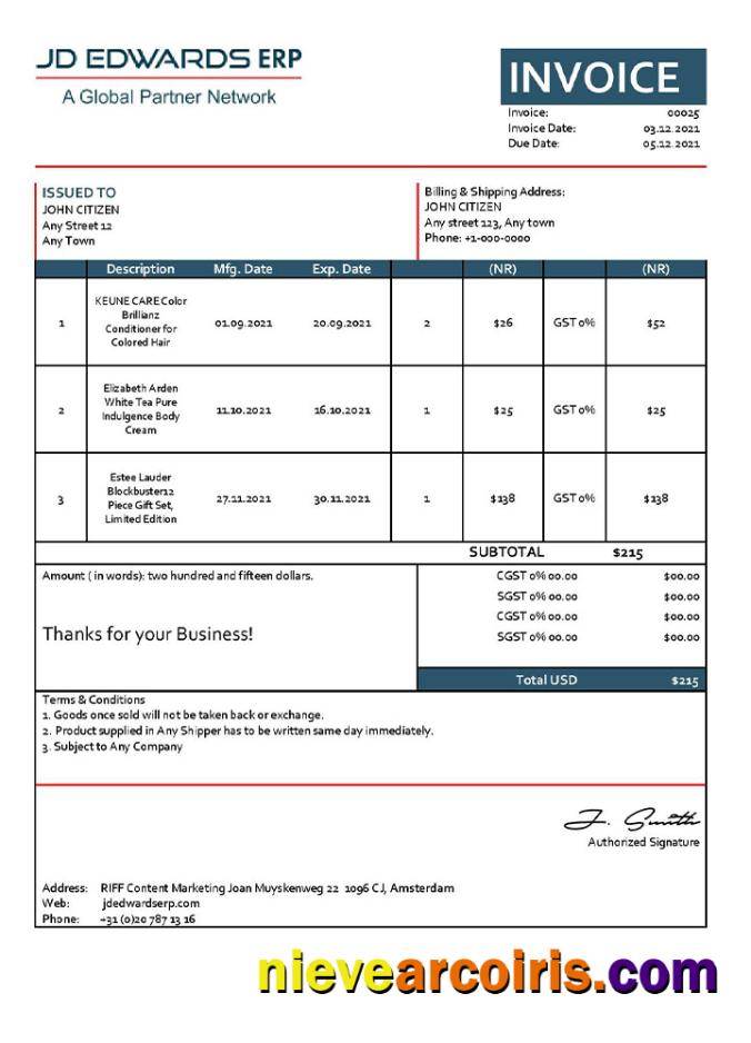 USA JD invoice